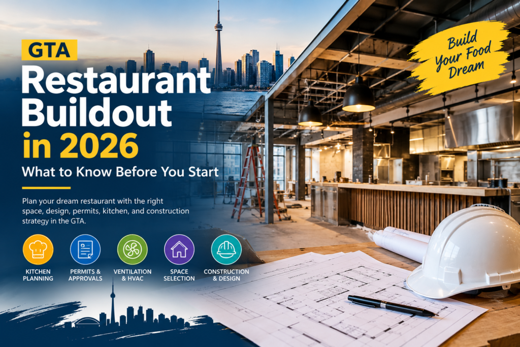 GTA restaurant buildout in 2026 featuring a Toronto skyline, restaurant construction site, commercial kitchen, blueprints, and planning icons.