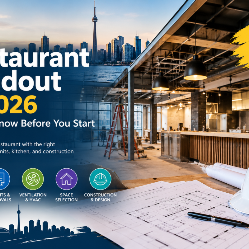 GTA restaurant buildout in 2026 featuring a Toronto skyline, restaurant construction site, commercial kitchen, blueprints, and planning icons.