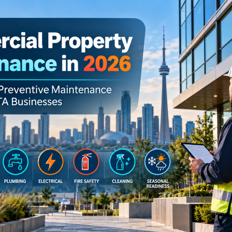 Commercial property maintenance checklist 2026 for GTA businesses, featuring a facility manager inspecting a modern Toronto office building with HVAC, roofing, plumbing, electrical and fire safety icons.