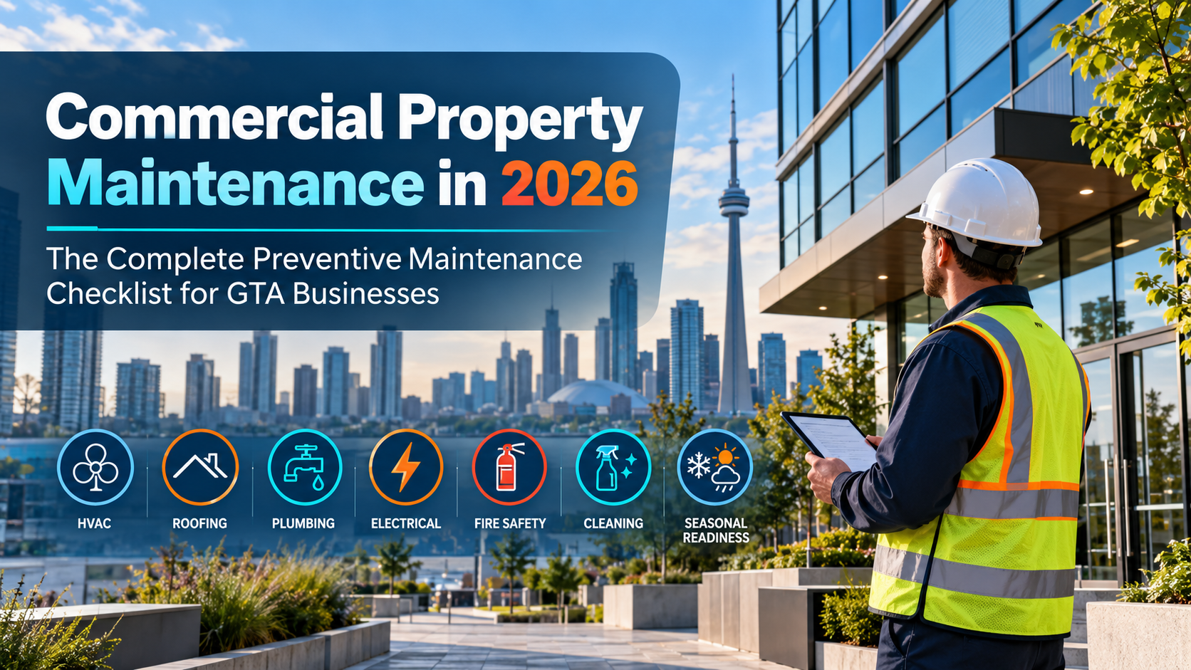 Commercial property maintenance checklist 2026 for GTA businesses, featuring a facility manager inspecting a modern Toronto office building with HVAC, roofing, plumbing, electrical and fire safety icons.