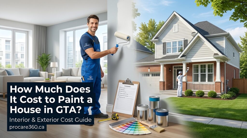 A split-screen view of a modern GTA home interior and exterior being painted by professional painters, featuring paint cans, color swatches, a checklist clipboard, and the title 'How Much Does It Cost to Paint a House in GTA?'