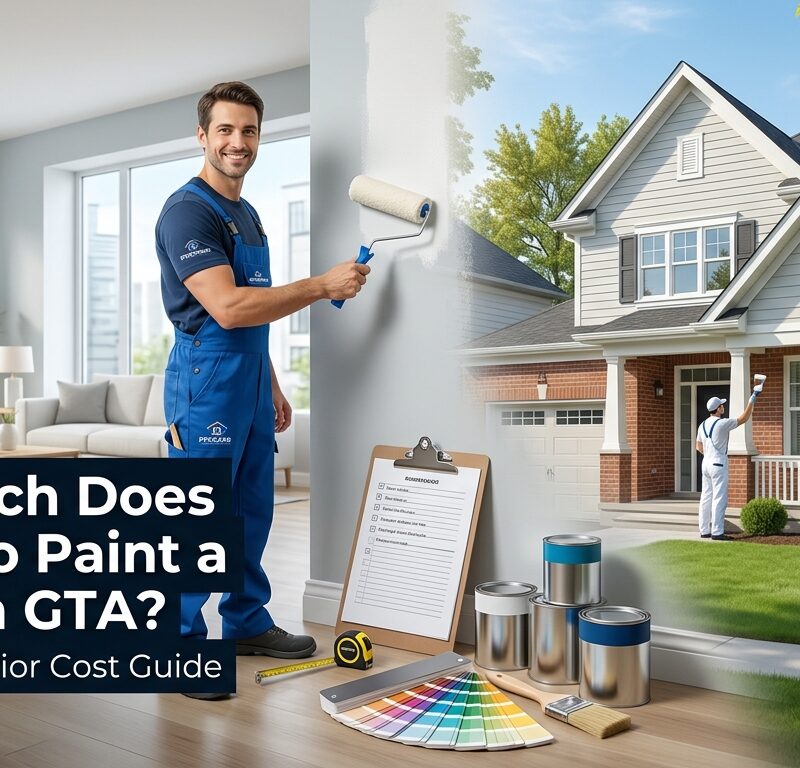 A split-screen view of a modern GTA home interior and exterior being painted by professional painters, featuring paint cans, color swatches, a checklist clipboard, and the title 'How Much Does It Cost to Paint a House in GTA?'