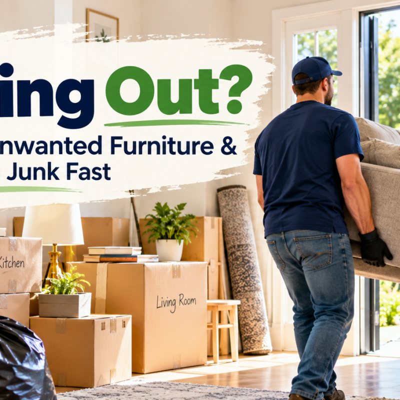 Moving out junk removal service with movers carrying a sofa, packed boxes, and unwanted household furniture being cleared from a home.