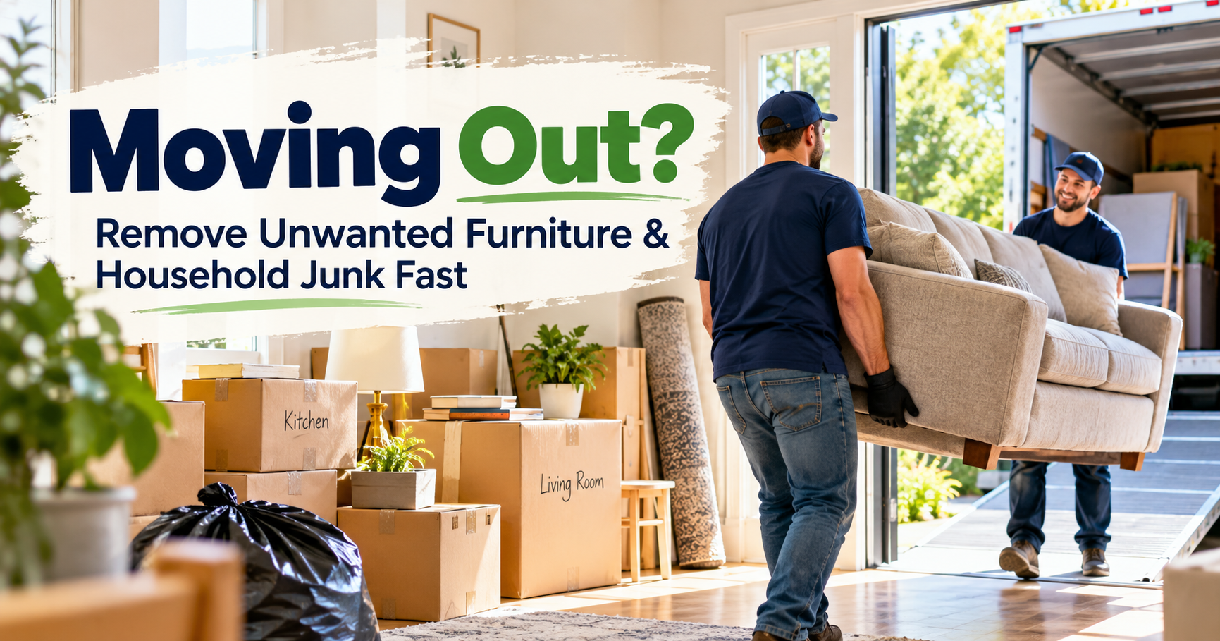 Moving out junk removal service with movers carrying a sofa, packed boxes, and unwanted household furniture being cleared from a home.